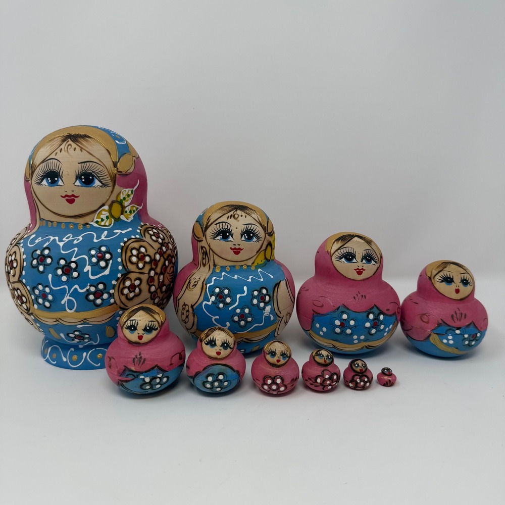 Hand Painted Russian Nesting Dolls Blue Pink Floral Gold Matryoshka 10 Pieces